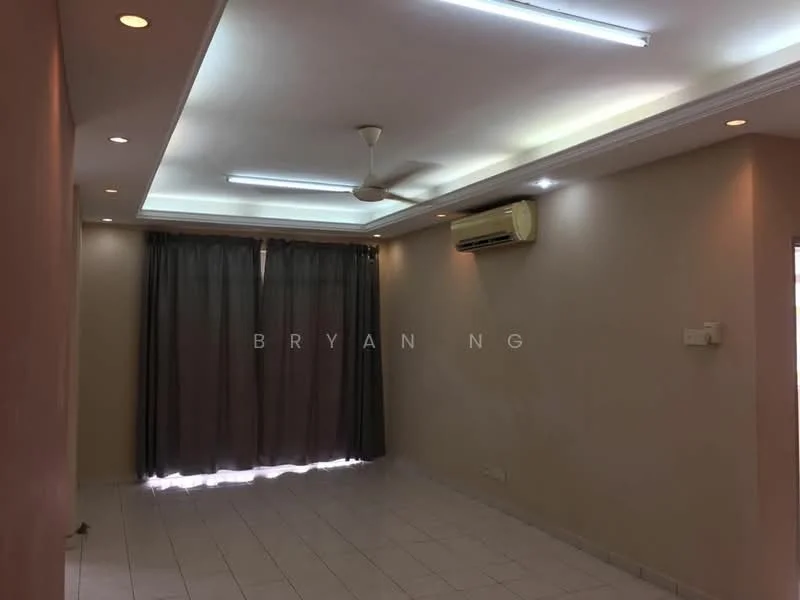 Room features: cream painted walls, white ceiling with recessed lighting, 5-blade ceiling fan, wall-mounted split AC, grey curtains, tile flooring, light switch, window with natural light; style: modern.
