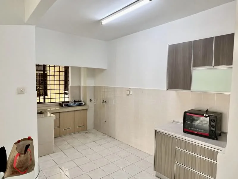 Kitchen features: white tiled flooring, light grey cabinetry, stainless-steel sink, built-in countertop, microwave, oven, window with metal grille, wall-mounted light fixture, neutral painted walls, kitchen appliances, open layout; style: modern.