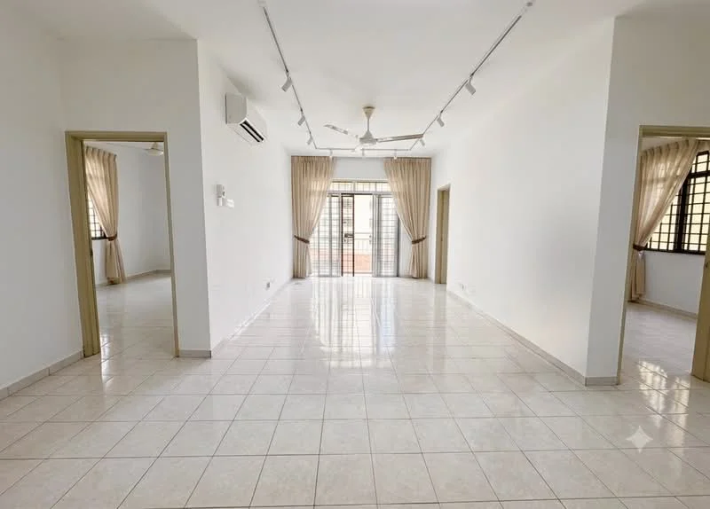 Living features: white painted walls, glossy ceramic tile flooring, 5-blade ceiling fan with light, recessed downlights, floor-to-ceiling windows, sliding glass door, sheer curtains, air conditioning unit, open layout, natural light, neutral color scheme; style: modern; view: city.