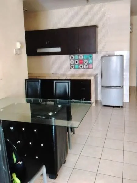 Kitchen features: black wooden cabinetry, white tiled backsplash, stainless-steel fridge, glass dining table, black upholstered dining chairs, ceramic tile flooring, built-in kitchen countertop, wall-mounted kitchen hood; style: modern.