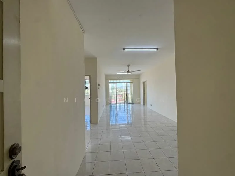 Room features: white painted walls, glossy tile flooring, ceiling fan, large windows, sliding glass door, natural light, open layout, neutral color scheme; style: modern; view: garden.