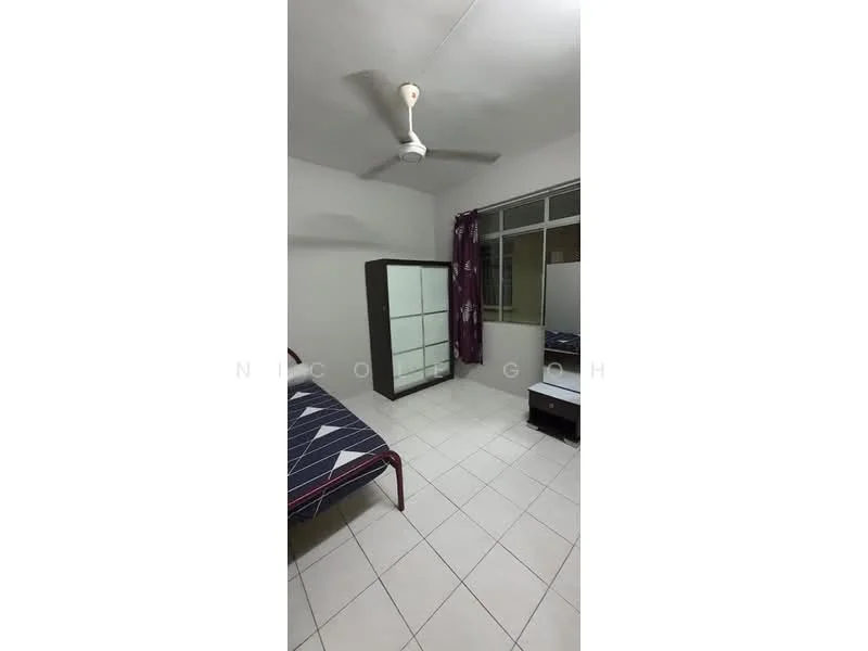 Bedroom features: single bed with patterned bedding, wooden wardrobe with sliding doors, TV console, white tiled flooring, ceiling fan, floor-to-ceiling window with sheer curtains, decorative purple curtains, neutral painted walls.