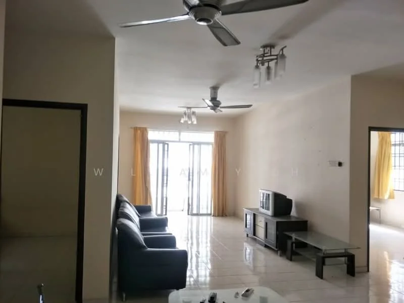 Living features: 3-seater fabric sofa in black, 2-blade ceiling fan, recessed downlights, TV console, wall-mounted TV, glass coffee table, floor-to-ceiling windows, sliding glass door, curtains in yellow, white tiled flooring, cream painted walls; style: modern.