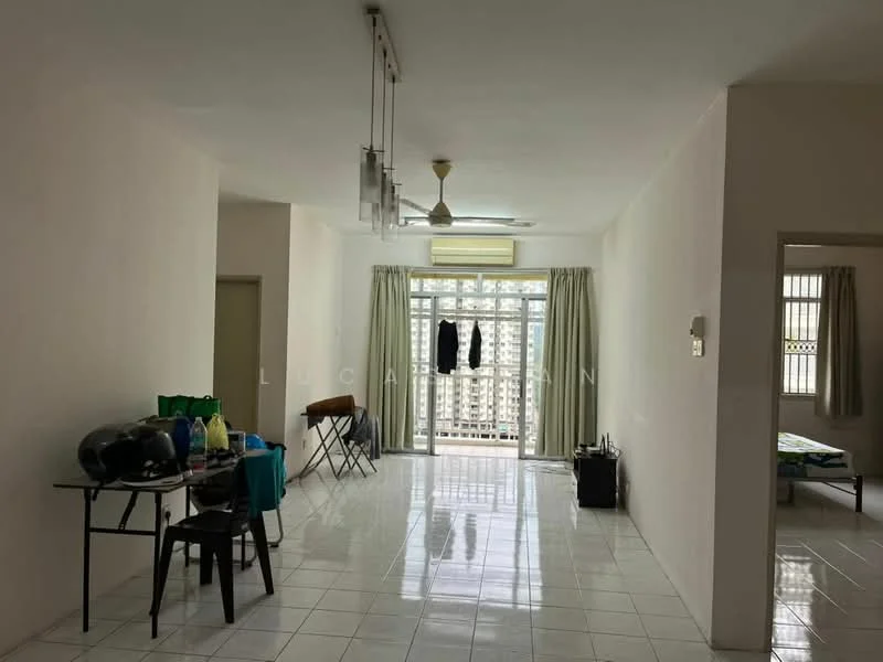 Living features: white painted walls, glossy white tile flooring, 5-blade ceiling fan with light, floor-to-ceiling windows, sheer curtains, sliding glass door, balcony view, dining table with chairs, clothes hanging on a line, black storage box, green plastic chairs; style: modern; view: city.