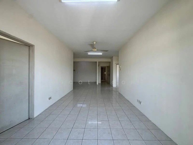 Room features: white painted walls, glossy ceramic tile flooring, ceiling lights, ceiling fan, open layout, large windows, neutral color scheme, no visible furniture; style: minimalist.