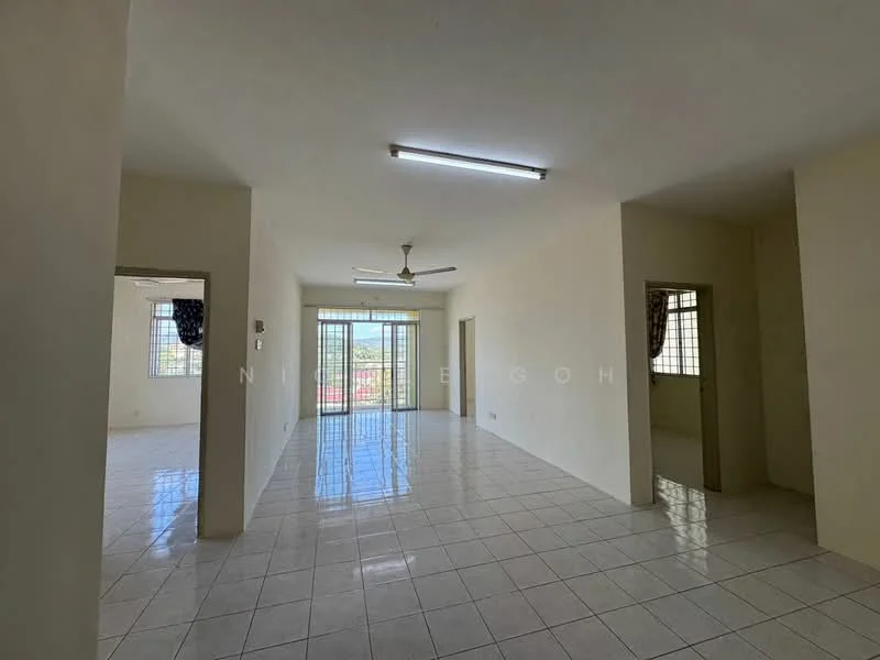 Room features: white painted walls, glossy ceramic tile flooring, ceiling fan, large windows with grid pattern, natural light from windows, neutral color scheme, open layout, no visible furniture; style: minimalist; view: city.