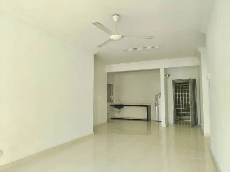 Living features: white painted walls, polished ceramic tile flooring, 5-blade ceiling fan, large window, open layout, neutral color scheme, doorway leading to kitchen, doorway leading to hallway; style: modern. Kitchen features: white tiled backsplash, black countertop, kitchen cabinetry, open layout to living area; style: modern.