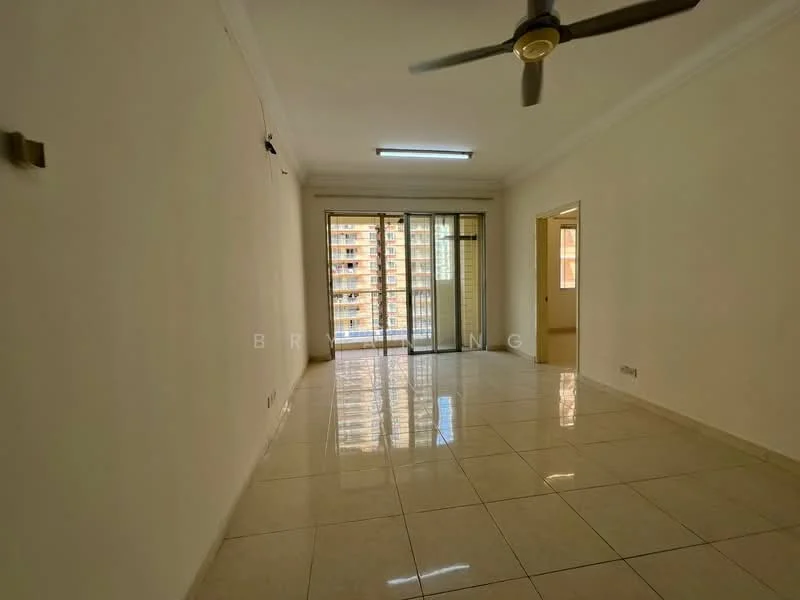 Living features: white painted walls, glossy tile flooring, ceiling fan, sliding glass door, floor-to-ceiling windows, natural light, crown moulding, neutral color palette; style: modern; view: city.