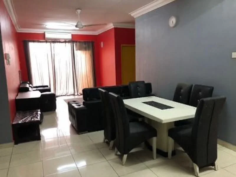 Dining features: white dining table with black center strip, 6 black upholstered dining chairs, cream tiled flooring, red accent wall, grey painted wall, ceiling fan, large sliding glass door, sheer curtains, black leather sofa, wooden bench, wall clock; style: modern.