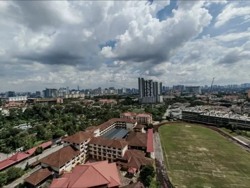 Exterior features: city skyline in background, green landscape, sports field, multi-storey buildings, low-rise buildings, cloudy sky; style: modern.