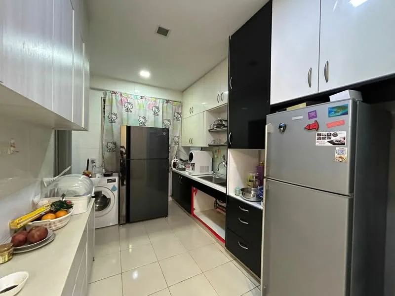 Kitchen features: white cabinetry, black cabinetry, stainless-steel fridge, built-in microwave, washing machine, white countertop, ceramic tile flooring, window with sheer curtains, recessed lighting, kitchen sink, kitchen utensils on countertop, fruit bowl with oranges and apples; style: modern.