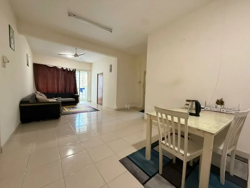 Living features: white painted walls, glossy tile flooring, 5-blade ceiling fan with light, sofa in dark color, area rug with geometric pattern, floor-to-ceiling windows, curtains in dark color, coffee table, TV console; style: modern. Dining features: dining table with 4 chairs, white painted walls, glossy tile flooring, area rug under dining table; style: modern.