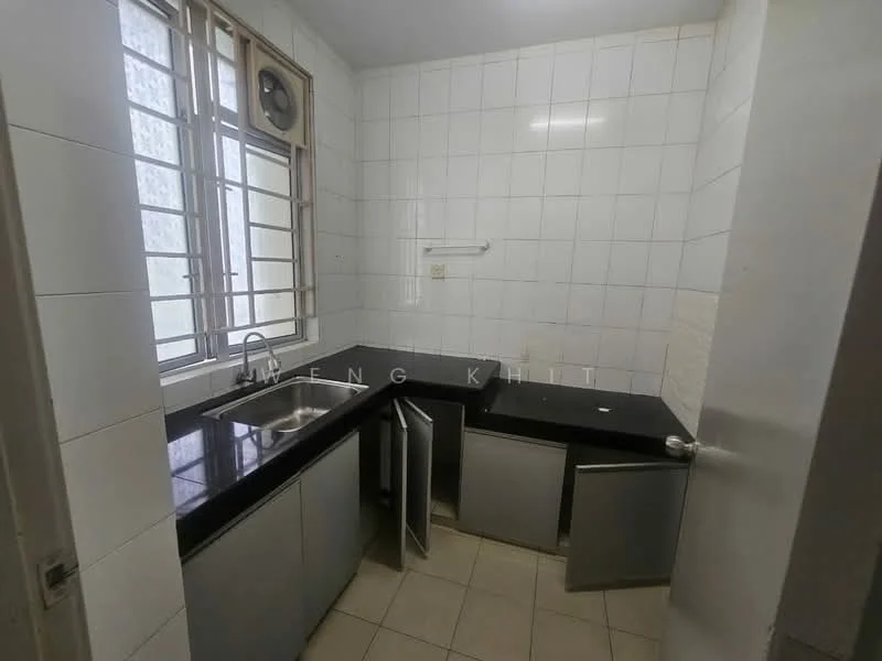 Kitchen features: black granite countertop, stainless-steel single-bowl sink, chrome faucet, grey cabinetry with sliding doors, white tiled walls, ceramic tile flooring, window with metal grille, under-cabinet lighting; style: modern.