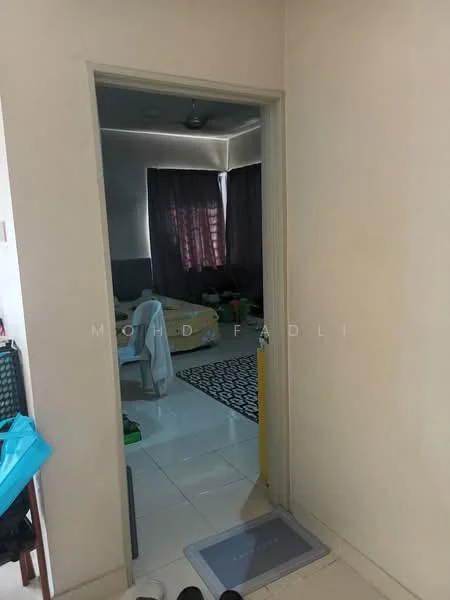 Room features: white painted walls, tile flooring, ceiling fan, curtains, doorway leading to another room, visible furniture in adjacent room.