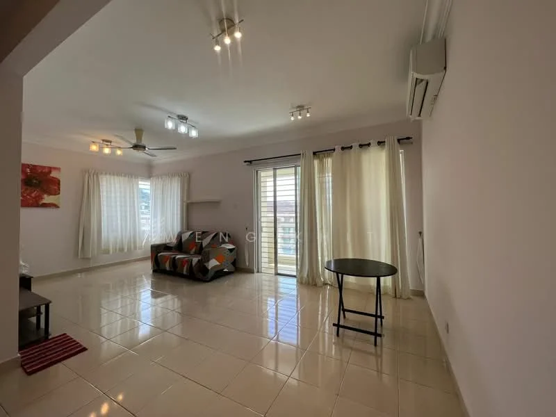 Living features: cream painted walls, glossy tile flooring, 5-blade ceiling fan with light, recessed downlights, sofa with colorful upholstery, round dining table, floor-to-ceiling windows, sheer curtains, sliding glass door, air conditioning unit; style: modern; view: city.
