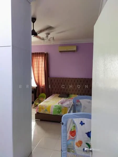 Bedroom features: purple painted walls, cream ceiling, 2 single beds with colorful bedding, upholstered headboard, 1 wall-mounted split AC, ceiling fan, curtains in orange, tile flooring, decorative wall with artwork, green accent chair; style: modern.