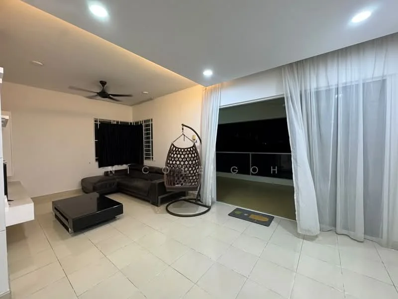 Living features: 3-seater leather sofa in dark grey, hanging rattan chair, coffee table with black surface, floor-to-ceiling windows, sheer curtains, recessed downlights, ceiling fan, white painted walls, cream tiled flooring; style: modern; view: city.
