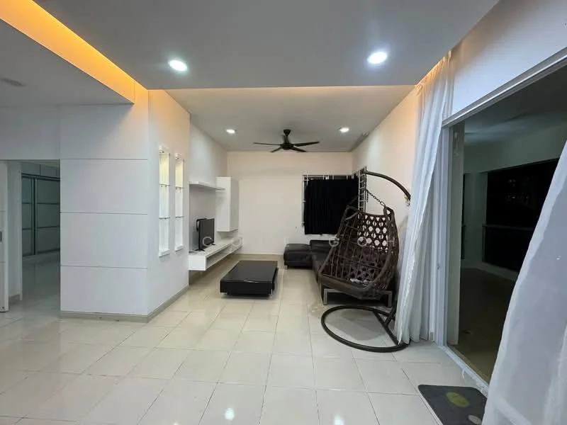 Living features: white painted walls, tile flooring, 5-blade ceiling fan, recessed LED downlights, wall-mounted TV, floating TV console, black curtains, hanging rattan chair, sofa, sliding glass door, outdoor view; style: modern; view: city.