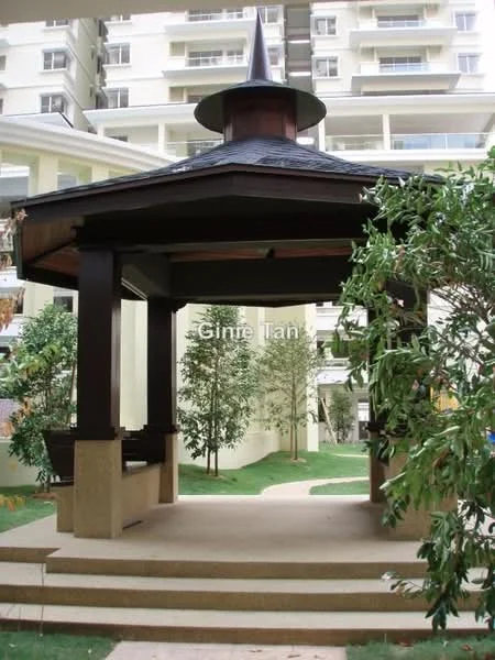 Exterior type: landscape garden; features: gazebo with pointed roof, wooden structure, stone-paved flooring, surrounded by greenery, manicured lawn, decorative trees; style: modern.