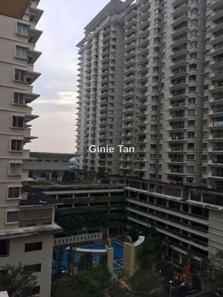 Exterior type: high-rise condominium; features: glass curtain wall, multiple balconies, swimming pool visible, landscaped garden area, children's playground, parking structure, surrounded by greenery; style: modern.