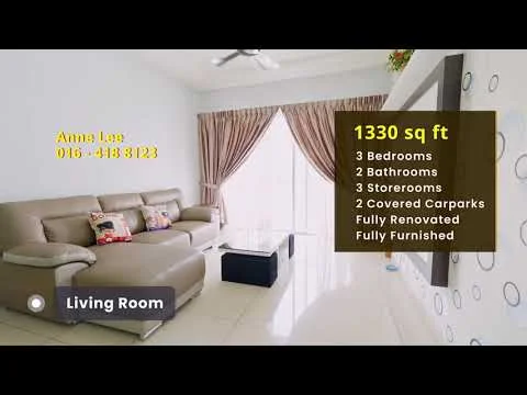 Living features: cream painted walls, white ceiling, large windows with sheer curtains, 3-seater leather sofa in light grey, decorative cushions, coffee table, TV console, wall-mounted TV, area rug, tile flooring, recessed downlights; style: modern.