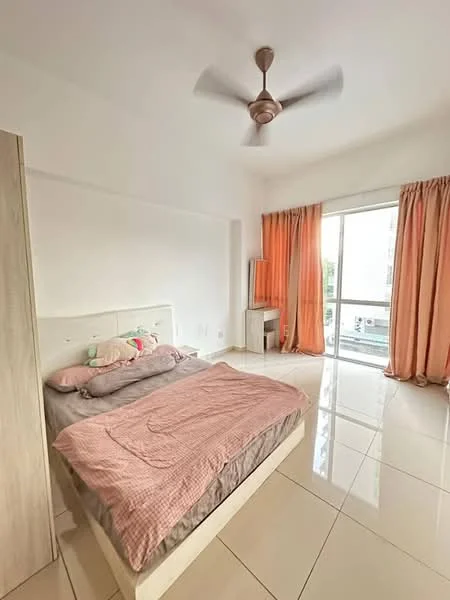 Bedroom features: queen-size bed, upholstered headboard, bedside table, floor-to-ceiling windows, curtains in peach color, ceiling fan, white painted walls, glossy tile flooring; style: modern.