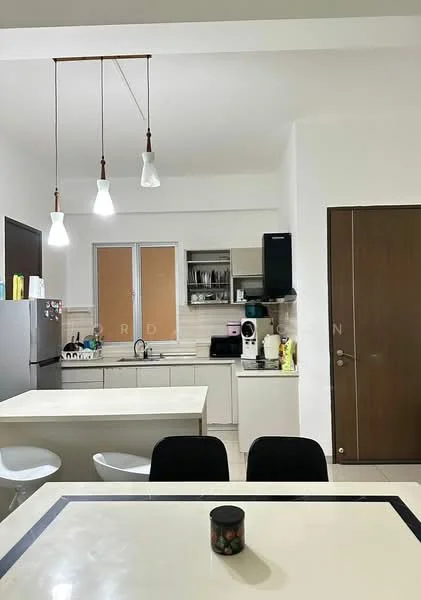 Kitchen features: white cabinetry, stainless-steel fridge, built-in oven, freestanding range oven, white countertop, double-bowl stainless-steel sink, chrome pull-down faucet, tile backsplash, pendant lighting, open shelving, microwave, coffee machine, kettle, toaster, bar stools; style: modern. Dining features: white dining table, black dining chairs, decorative candle, minimalist decor; style: modern.