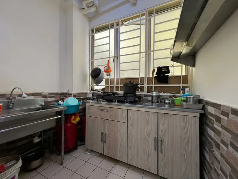 Kitchen features: stainless-steel sink, single-bowl sink, chrome faucet, wood cabinetry, grey tiled countertop, ceramic tile flooring, wall-mounted shelving, kitchen appliances, window with metal grilles, decorative stone backsplash, gas stove, cooking pot, plastic storage containers; style: modern.