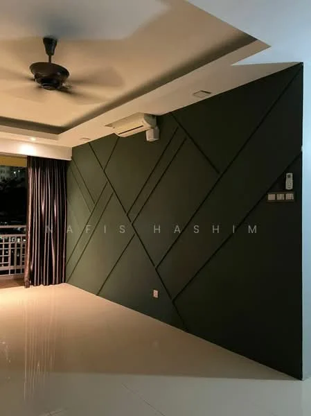 Room features: dark green accent wall with diagonal paneling, white painted walls, glossy tile flooring, ceiling fan, recessed lighting, curtains in dark fabric, wall-mounted air conditioning unit, electrical outlets; style: modern.