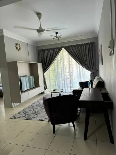 Living features: 5-blade ceiling fan with light, wall-mounted TV, TV console, 2-seater fabric sofa in dark color, armchair in dark color, coffee table, area rug with geometric pattern, curtains in grey, large sliding glass door, white painted walls, cream tiled flooring, decorative wall clock; style: modern.