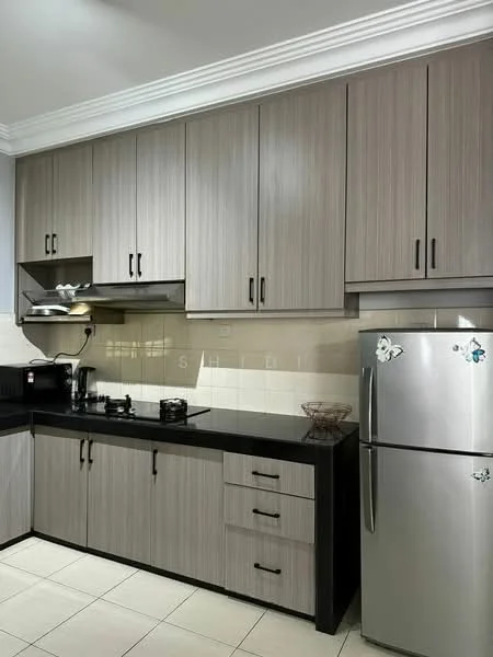 Kitchen features: grey laminate cabinetry, black granite countertop, stainless-steel fridge, built-in gas stove, black kitchen sink, wall-mounted range hood, white tiled backsplash, white tiled flooring, recessed lighting, crown moulding; style: modern.