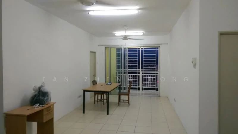 Living features: white painted walls, tile flooring, ceiling fan, large sliding glass door, floor-to-ceiling windows, dining table, wooden desk, neutral color scheme; view: city.
