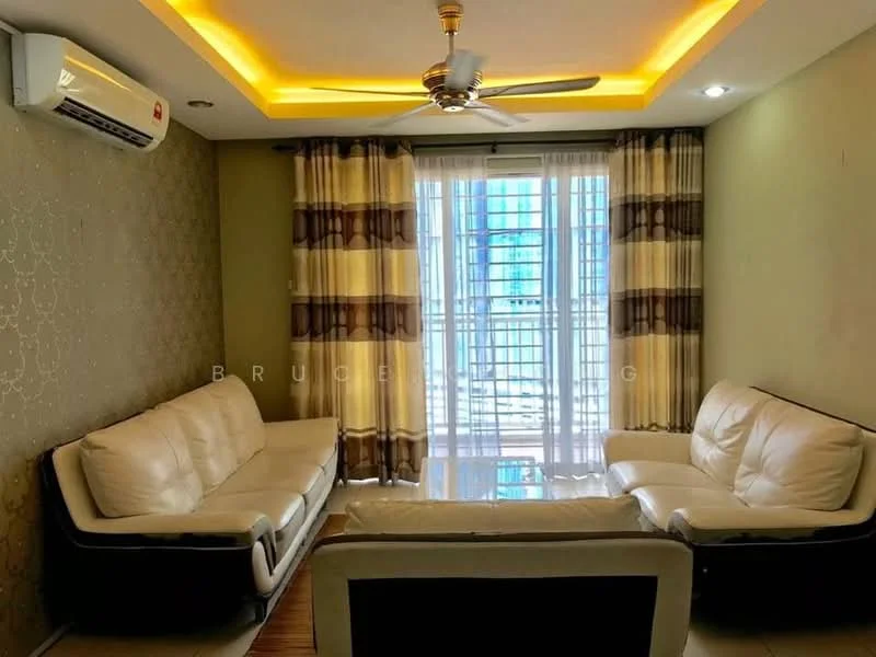 Living features: 3-seater leather sofa in white, 2-seater leather sofa in white, ceiling fan with integrated LED light, wall-mounted split AC, floor-to-ceiling windows, sheer curtains, decorative wall with pattern, wooden flooring, recessed lighting, area rug; style: modern; view: city.