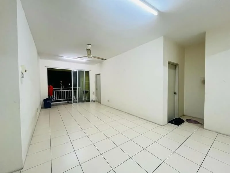 Living features: white painted walls, tile flooring, ceiling fan, sliding glass door, floor-to-ceiling windows, access to balcony, neutral decor, open layout.