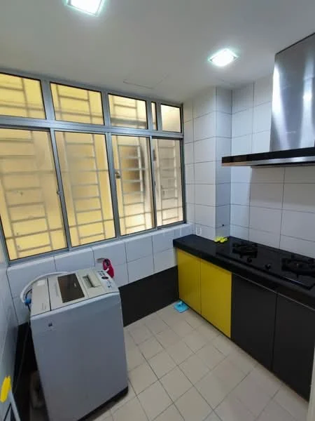 Kitchen features: black countertop, yellow cabinetry, white tiled walls, grey tiled flooring, built-in gas hob, stainless-steel range hood, double-basin sink, window with multiple panes, washing machine, recessed ceiling lights; style: modern.
