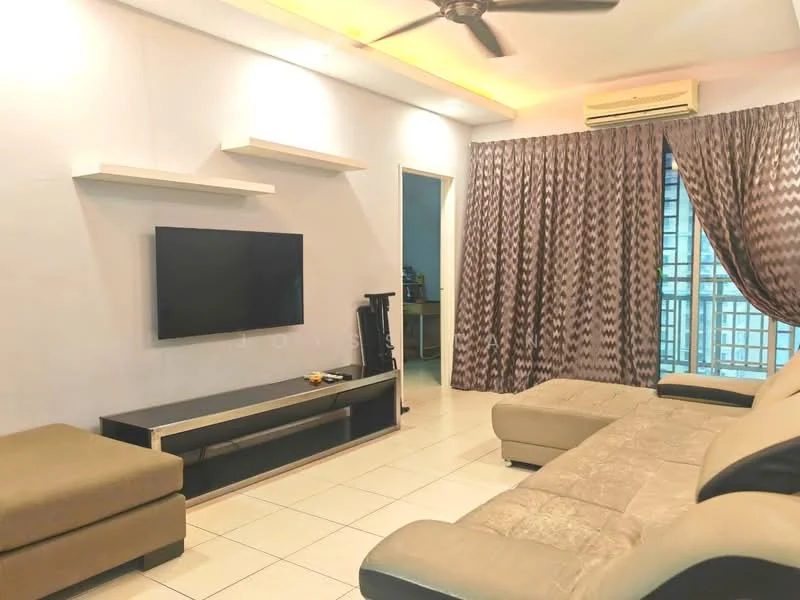 Living features: beige L-shape sectional sofa, coffee table, wall-mounted TV, TV console in dark wood, cream painted walls, white ceiling with recessed lighting, 5-blade ceiling fan, floor-to-ceiling windows with sheer curtains, tile flooring, decorative wall shelves, dark patterned curtains; style: modern.