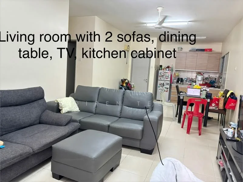 Living features: 2-seater fabric sofa in grey, 3-seater fabric sofa in dark grey, coffee table, TV console, wall-mounted TV, dining table with chairs, kitchen cabinet, tile flooring, white painted walls, ceiling fan with light, recessed downlights; style: modern.