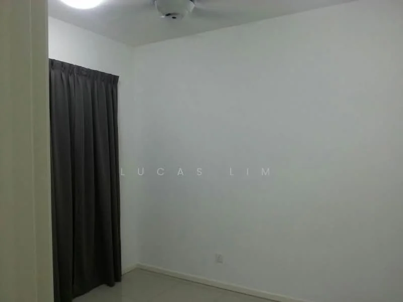 Room features: white painted walls, grey curtain, ceiling fan, tile flooring, light fixture.
