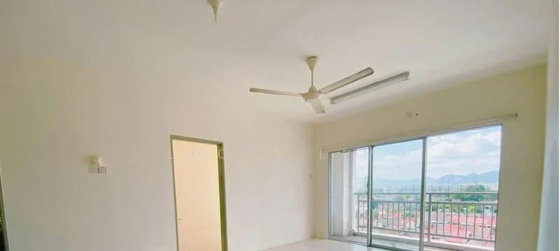 Living features: white painted walls, polished concrete flooring, 5-blade ceiling fan, sliding glass door, floor-to-ceiling windows, mountain view, natural light, recessed lighting; style: modern; view: mountain.
