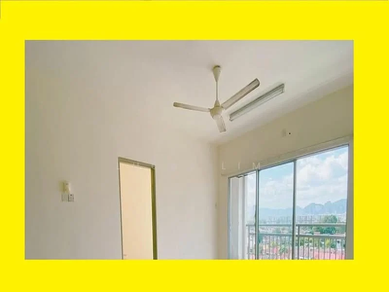 Room features: white painted walls, ceiling fan, floor-to-ceiling windows, sliding glass door, mountain view, natural light, light-colored flooring, recessed ceiling lights; style: modern; view: mountain.
