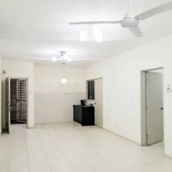 Room features: white painted walls, tile flooring, 5-blade ceiling fan with light, recessed downlights, pendant light, kitchen island, door to adjacent room, door to hallway; style: modern.