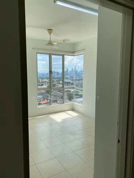 Room features: floor-to-ceiling windows, white painted walls, tile flooring, ceiling fan, city view, natural light, neutral color scheme, open layout; style: modern; view: city.