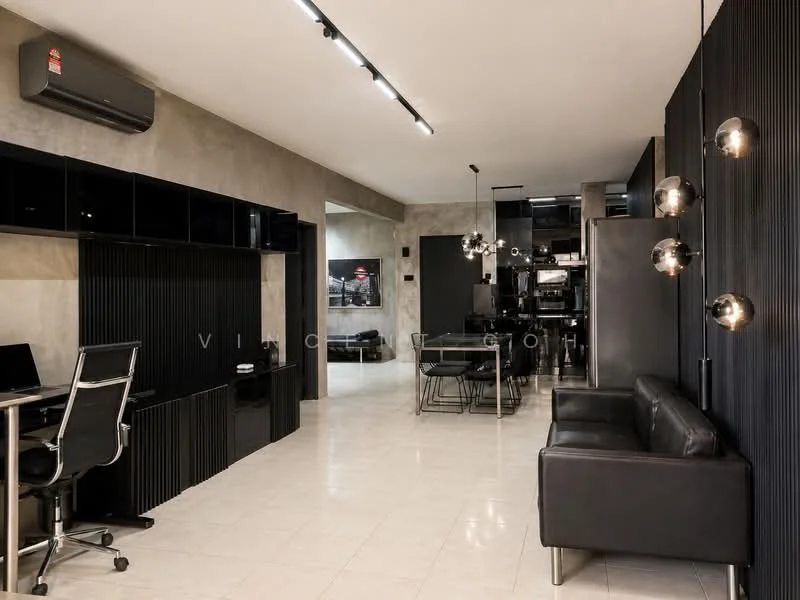 Living features: black leather sofa, glass dining table, black dining chairs, wall-mounted TV, black cabinetry, exposed concrete walls, recessed LED downlights, 1 wall-mounted split AC, black accent wall, polished tile flooring, decorative pendant lights; style: modern.