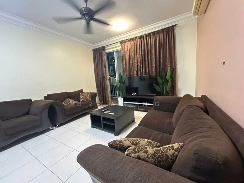 Living features: 3-seater fabric sofa in brown, 2-seater fabric sofa in brown, coffee table with black surface, TV console, wall-mounted TV, ceiling fan with light, white painted walls, cream curtains, decorative plants in pots, tile flooring; style: modern.