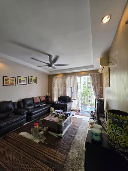Living features: 3-seater leather sofa in black, 2-seater leather sofa in black, coffee table with glass top, area rug with geometric pattern, ceiling fan with light, wall-mounted air conditioning unit, floor-to-ceiling windows with sheer curtains, decorative plants in pots, framed artwork on walls, wooden flooring, light fixtures in ceiling, sliding glass door leading to balcony; style: contemporary; view: garden.