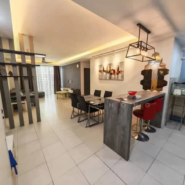 Living features: open-plan layout, grey accent wall, white painted walls, recessed downlights, pendant lighting, dining table for 6, black dining chairs, grey bar counter, red bar stools, floor-to-ceiling windows with sheer curtains, light-colored tiled flooring, decorative wall shelves, wall-mounted clock, decorative wall art; style: modern.