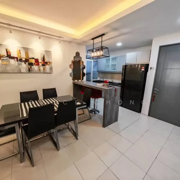 Dining features: 6-seater dining table with black chairs, striped table runner, framed artwork on wall, white ceiling with recessed lighting, grey tiled flooring, open layout to kitchen, bar counter with stools, pendant light fixture above table; style: modern. Kitchen features: white cabinetry, black refrigerator, stainless-steel sink, black countertop, built-in oven, ceramic cooktop, open shelving, grey tiled backsplash; style: modern.