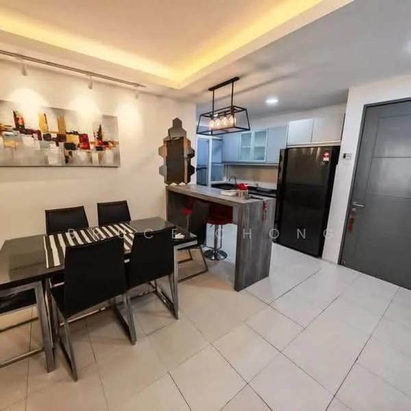Dining features: 6-seater dining table with black chairs, striped table runner, framed artwork on wall, recessed lighting, white ceiling with LED strip lighting, grey tiled flooring, open layout to kitchen, bar counter with stools; style: modern. Kitchen features: white cabinetry, black refrigerator, stainless-steel appliances, kitchen island with bar seating, grey countertops, built-in oven, ceramic tile backsplash, under-cabinet lighting; style: modern.