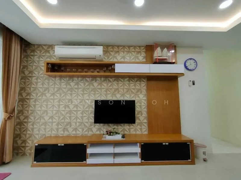 Living features: wall-mounted TV, wooden TV console with black and white panels, geometric patterned feature wall, shelf above TV console, decorative items on shelf, air conditioning unit, recessed ceiling lights, cream-colored walls, light-colored flooring, curtains, clock on wall; style: modern.