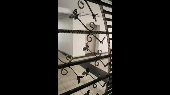 Room features: iron grille door with decorative patterns, white painted walls, tiled flooring, neutral color scheme, open space, light fixtures on ceiling, doorway leading to another area; style: modern.